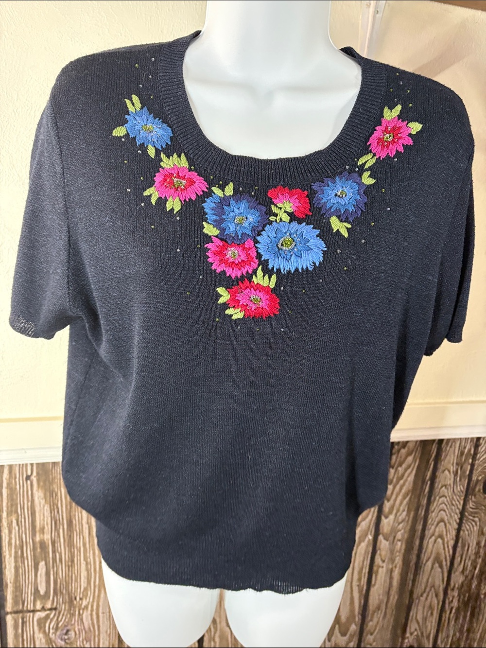 Carole Little Dark Navy Knit Top with Silver Lurex Threading